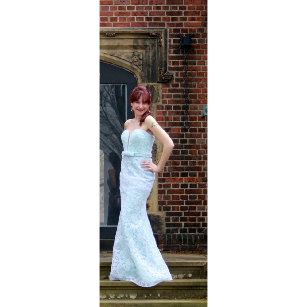 Fit and Flare White/Teal Special Occassion Prom or Homecoming Dress